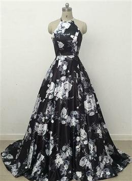 Picture of Black Color Floral Halter Ball Gown Party Dresses, Floral Long Formal Dresses Prom Dresses